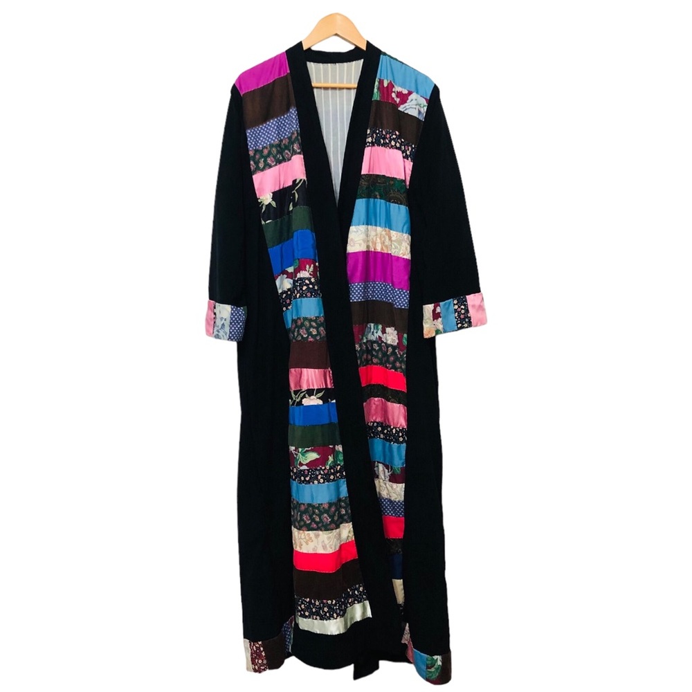 Vintage Handmade Duster Jacket 60s 70s Velvet w/ Multicolor Patchwork Long Coat